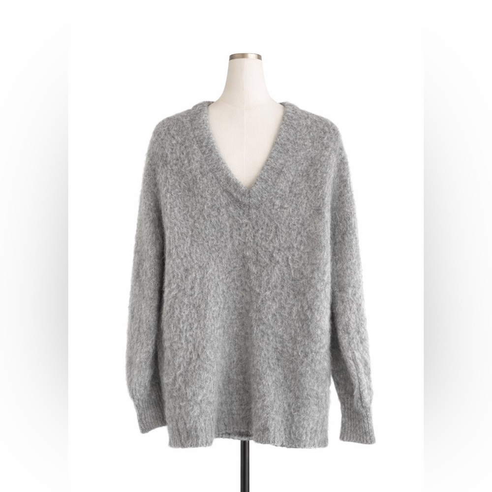 Gray V-Neck Fuzzy Knit Sweater | Cozy Soft Pullover